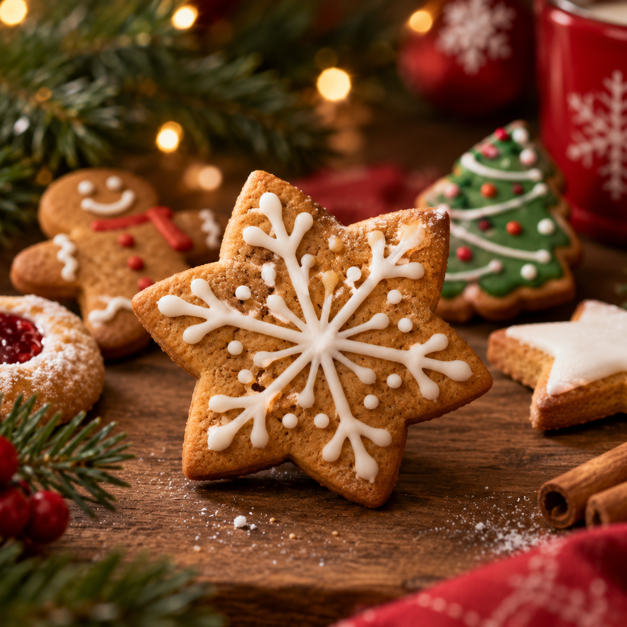Biscuits de Noël décorés au glaçage, dont un grand biscuit étoilé en forme de flocon